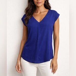 EXPRESS Flowy Chiffon Royal Blue Cap Sleeve V-Neck Women’s Shirt Top Sz XS EUC